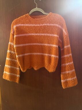 GB girls Orange Fuzzy Striped Cropped Sweater